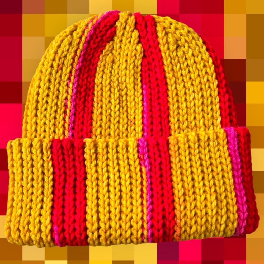 Sunflower Stripe Knit-look 90s beanie, Handmade By Me, Hand Embroidery, Ask Abou